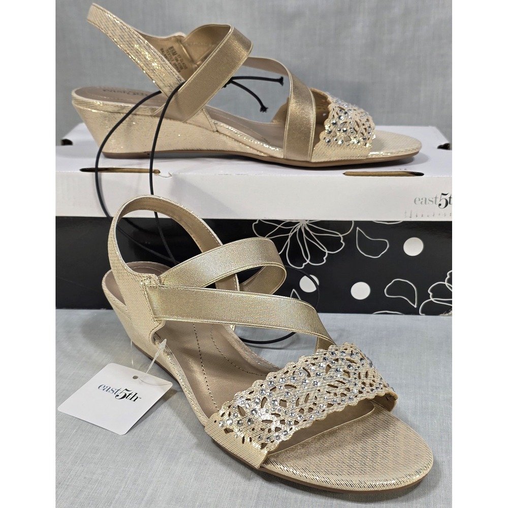 East 5th Gladie Gold Wedge Sandals Rhinestone Dress Shoes Womens 8.5M 106-0208